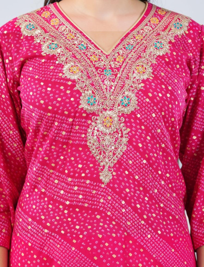 Eelika pink cotton Bandhani kurta set featuring intricate gold embroidery and a V-neckline with 3/4th sleeves