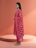 Eelika 3-piece cotton salwar suit in pink with white floral print, V-neck, 3/4 sleeves, and matching dupatta.