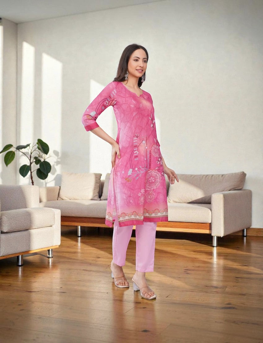 Eelika pink floral print cotton salwar suit set with V-neck calf-length kurta and matching trousers