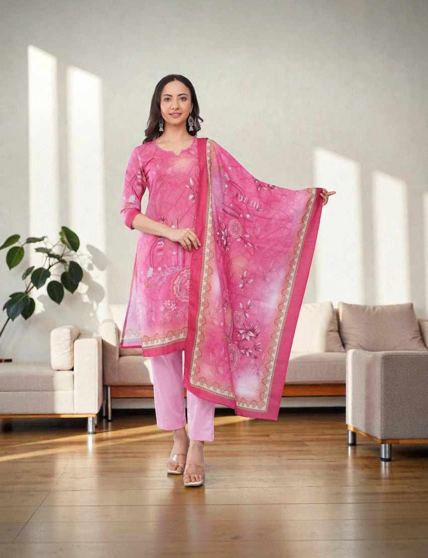 Eelika pink floral print cotton salwar suit set with V-neck kurta, 3/4th sleeves, trousers, and matching dupatta.