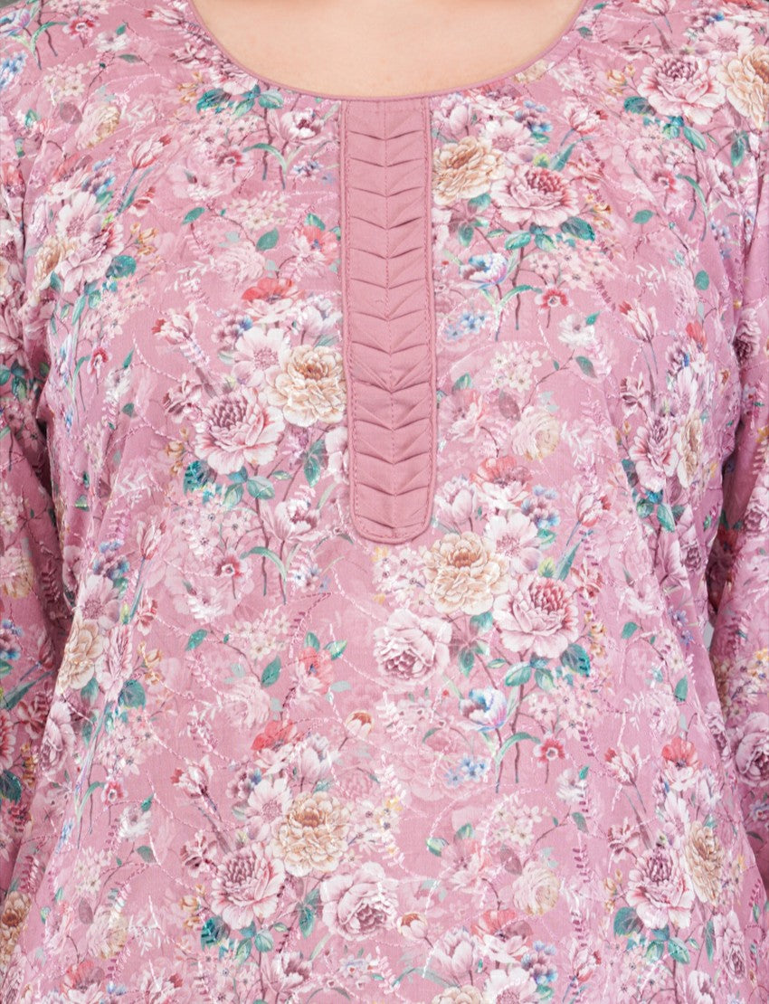 Eelika pink cotton salwar suit top with intricate floral print and embroidered round neckline detail