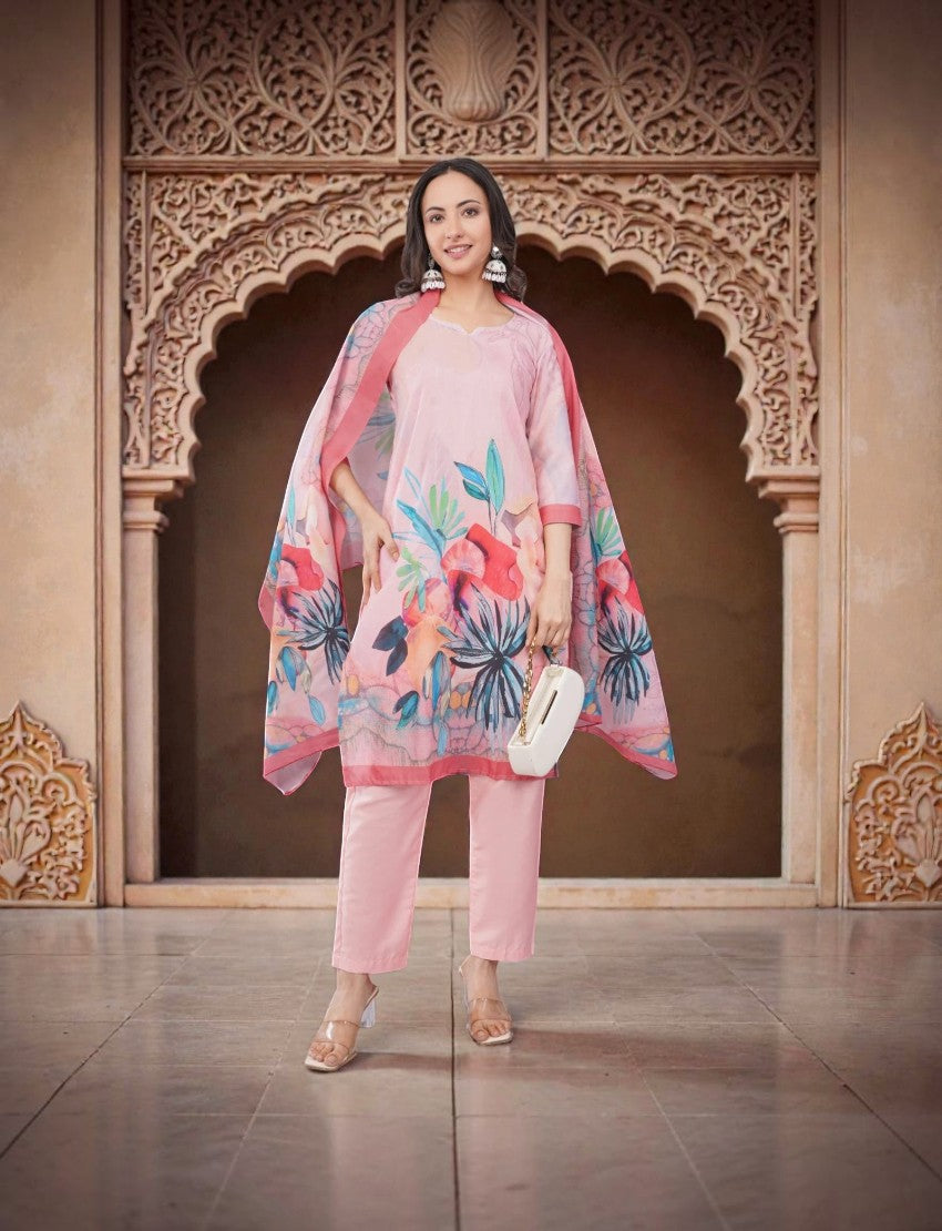 Eelika pink cotton salwar suit set with floral print, V-neck, 3/4th sleeves, trousers, and matching dupatta