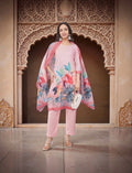 Eelika pink cotton salwar suit set with floral print, V-neck, 3/4th sleeves, trousers, and matching dupatta