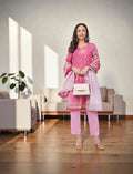 Eelika pink floral print cotton salwar suit set with V-neck kurta, 3/4th sleeves, trousers, and matching dupatta