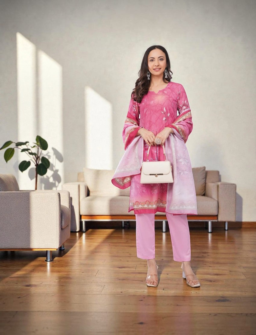 Eelika pink floral print cotton salwar suit set with V-neck kurta, 3/4th sleeves, trousers, and matching dupatta