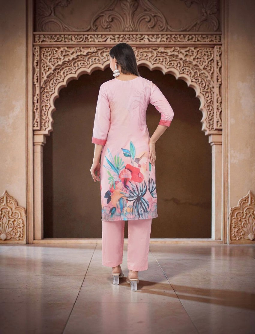 Eelika pink cotton salwar suit set with floral print, V-neck, 3/4 sleeves, and trousers, back view