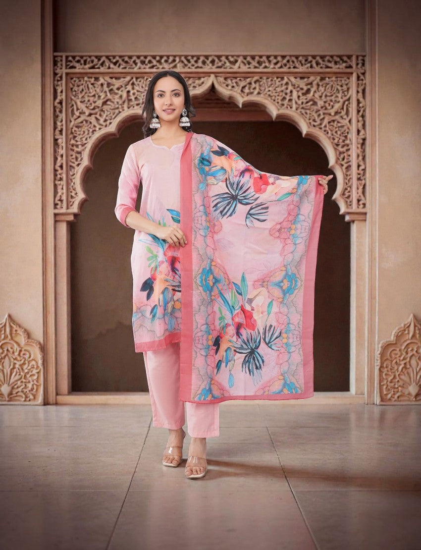 Eelika pink cotton salwar suit with floral print, V-neck, 3/4th sleeves, trousers, and matching dupatta
