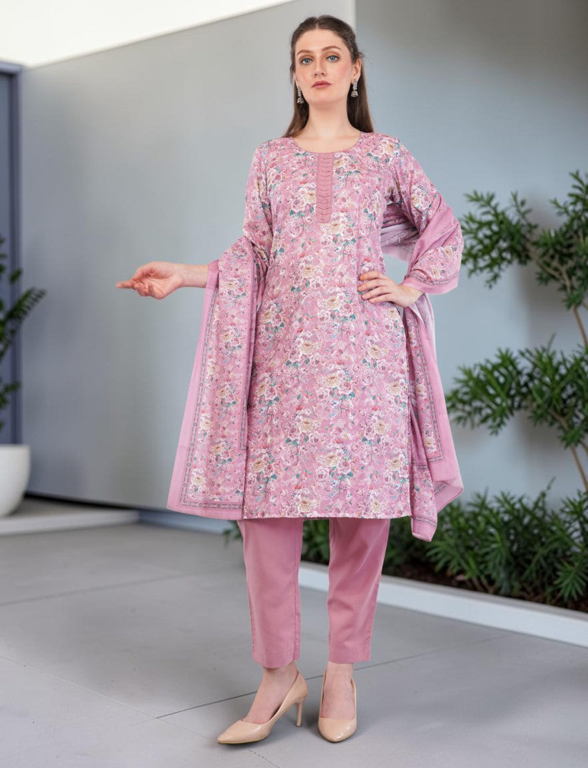 Eelika pink floral print cotton salwar suit set with 3/4th sleeves, matching trousers, and a dupatta on a model