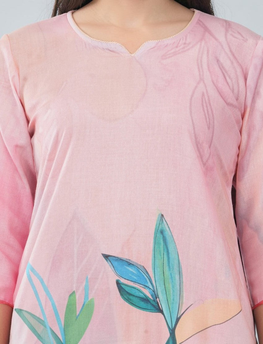 Eelika pink cotton salwar suit top with V-neck, 3/4th sleeves, and delicate floral print detail