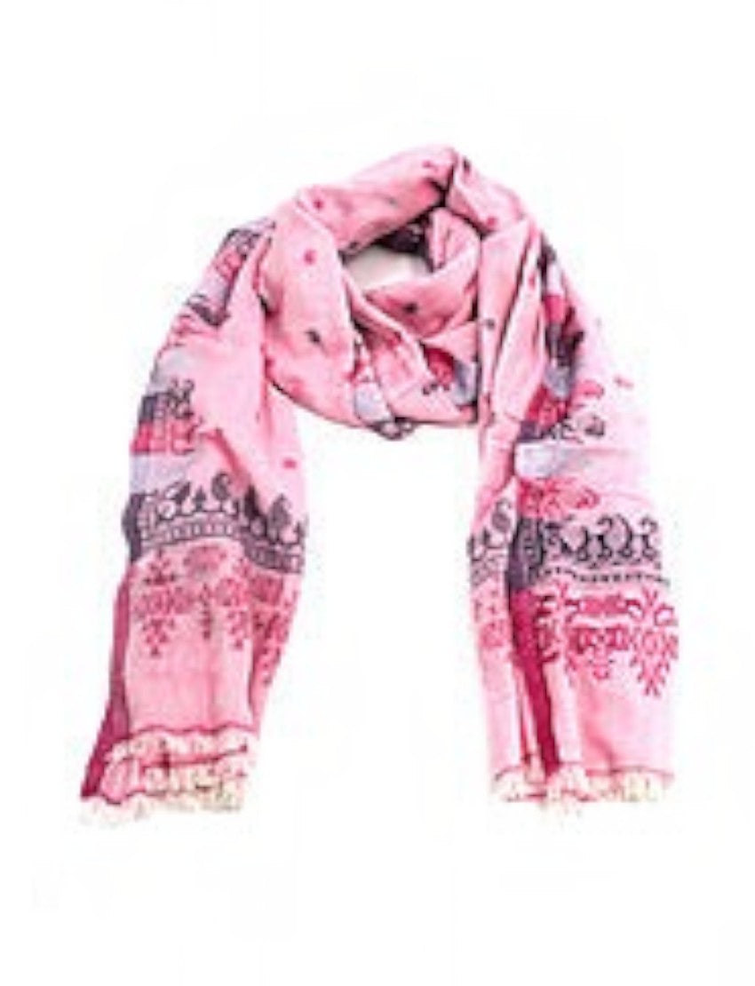 Eelika pink and grey cotton stole with traditional print patterns, polka dots, and delicate fringed edges.