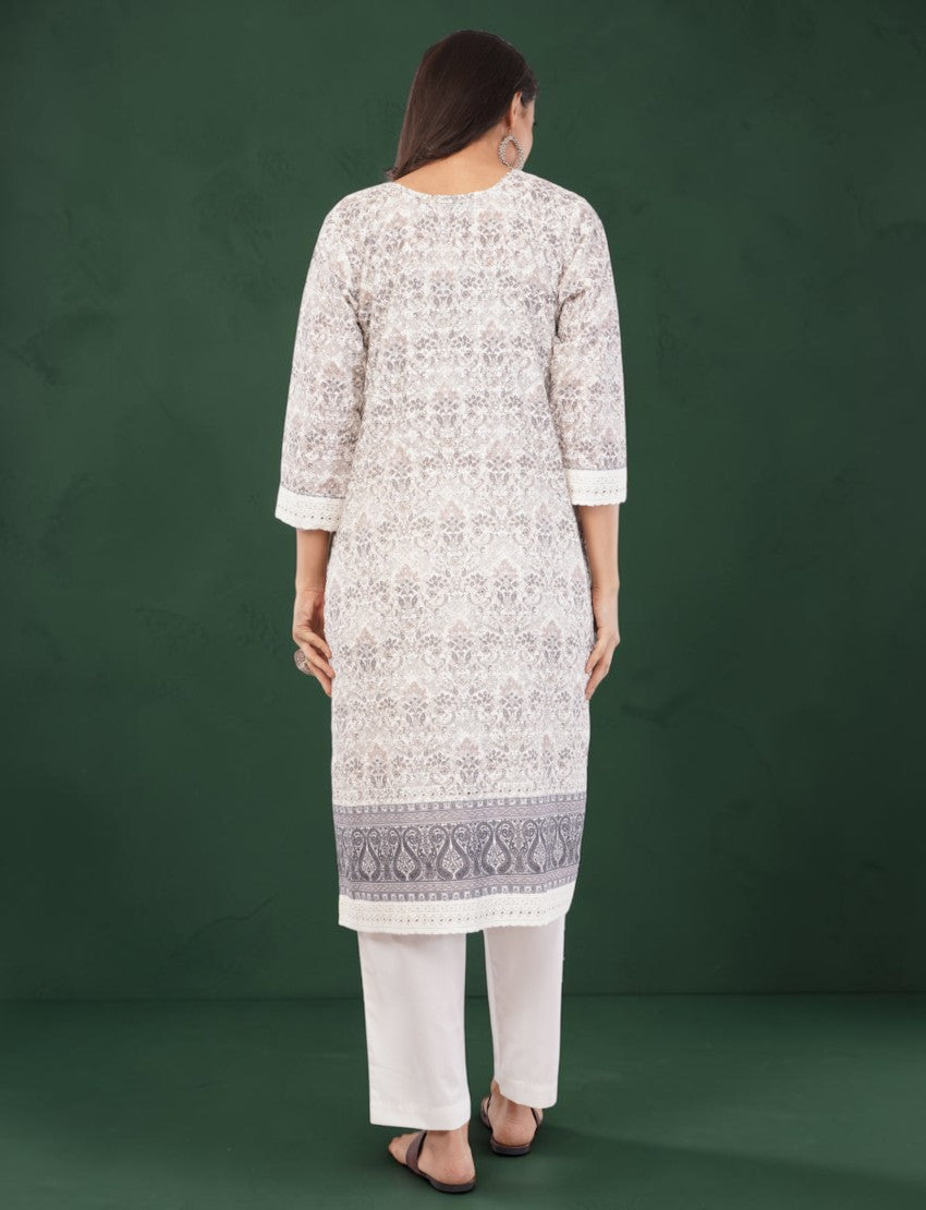 Back view of Eelika white and grey printed cotton knee-length kurta with 3/4 sleeves and matching trousers