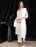 Eelika cotton salwar suit set featuring a printed leaf pattern, round neck, 3/4th sleeves, and a white dupatta.