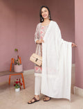 Eelika printed cotton salwar suit with knee-length top, white trousers, and a white dupatta with floral embroidery