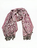 Eelika purple and white paisley wool-viscose stole with grey tassels, perfect for elegant styling.