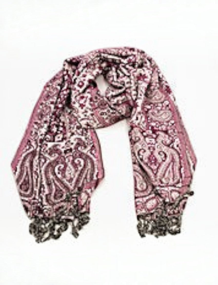 Eelika purple and white paisley wool-viscose stole with grey tassels, perfect for elegant styling.