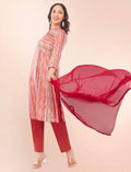 Eelika women red cotton printed straight salwar suit set with mandarin collar, three-quarter sleeves, and dupatta