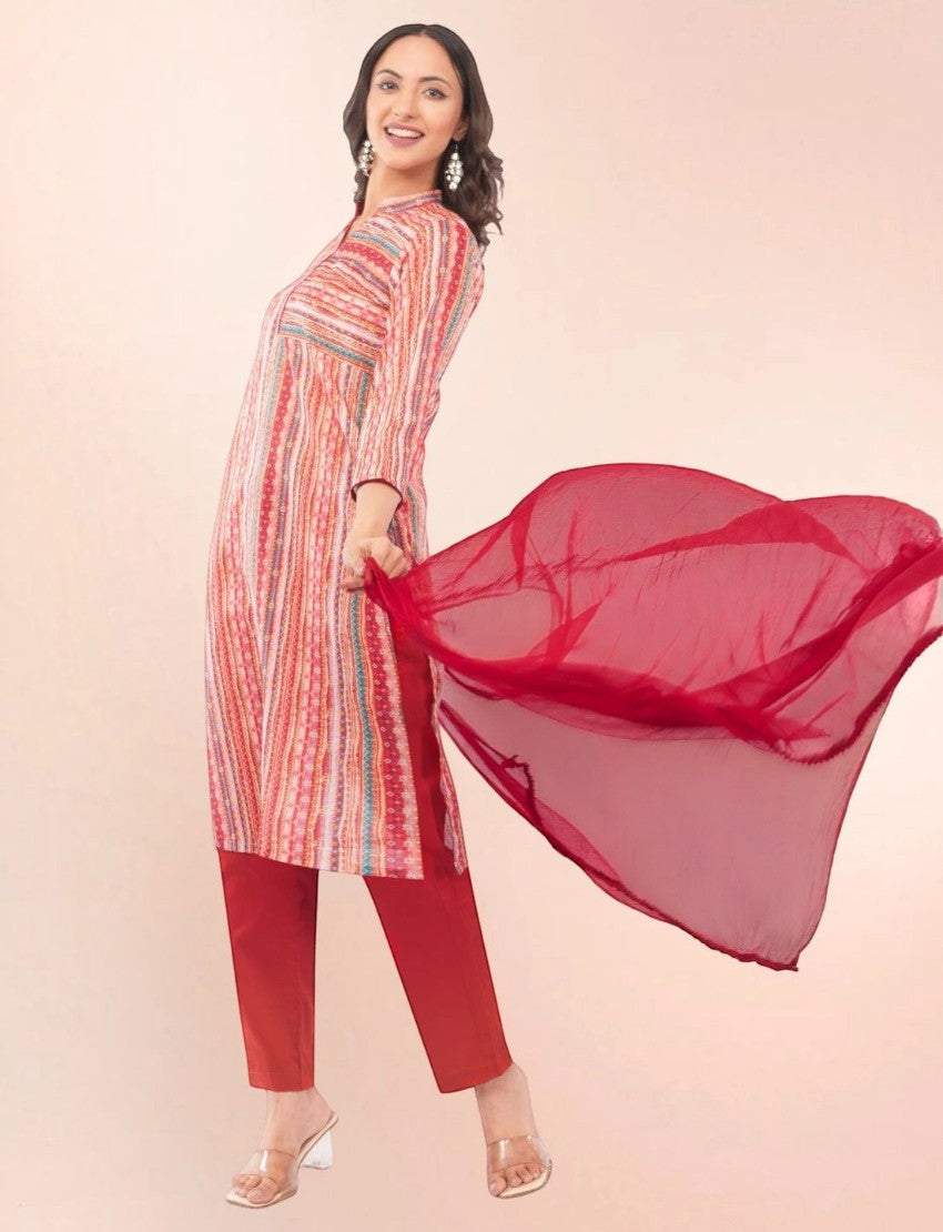 Eelika women red cotton printed straight salwar suit set with mandarin collar, three-quarter sleeves, and dupatta