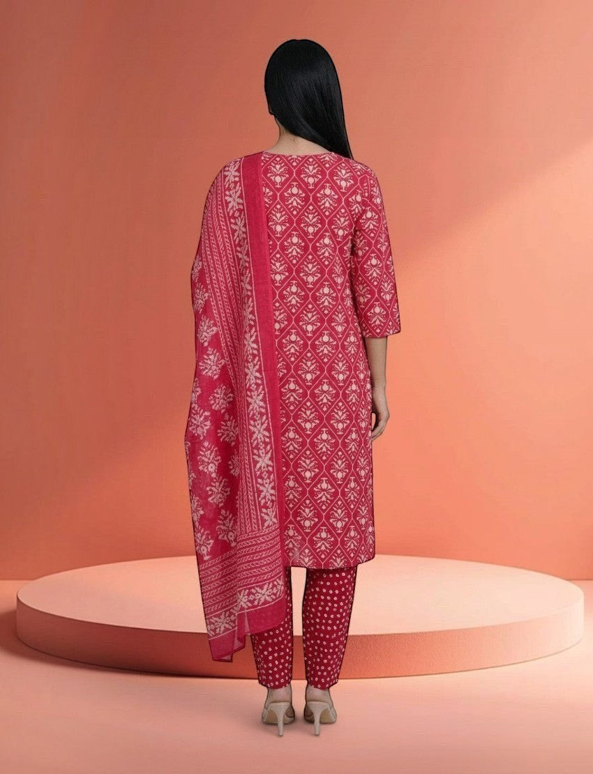 Back view of an Eelika cotton salwar suit set featuring a red floral print kurta, matching trousers, and dupatta.