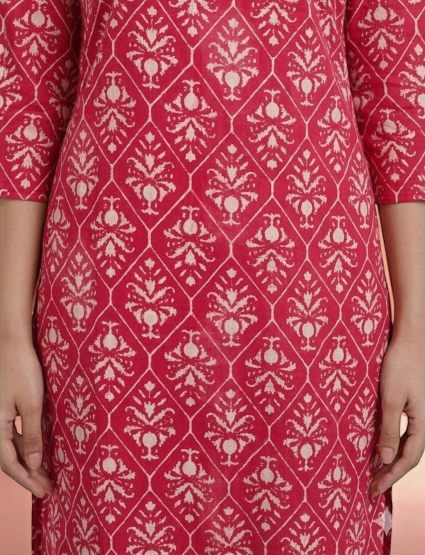 Eelika cotton salwar suit featuring a red and white diamond floral print pattern with 3/4th sleeves