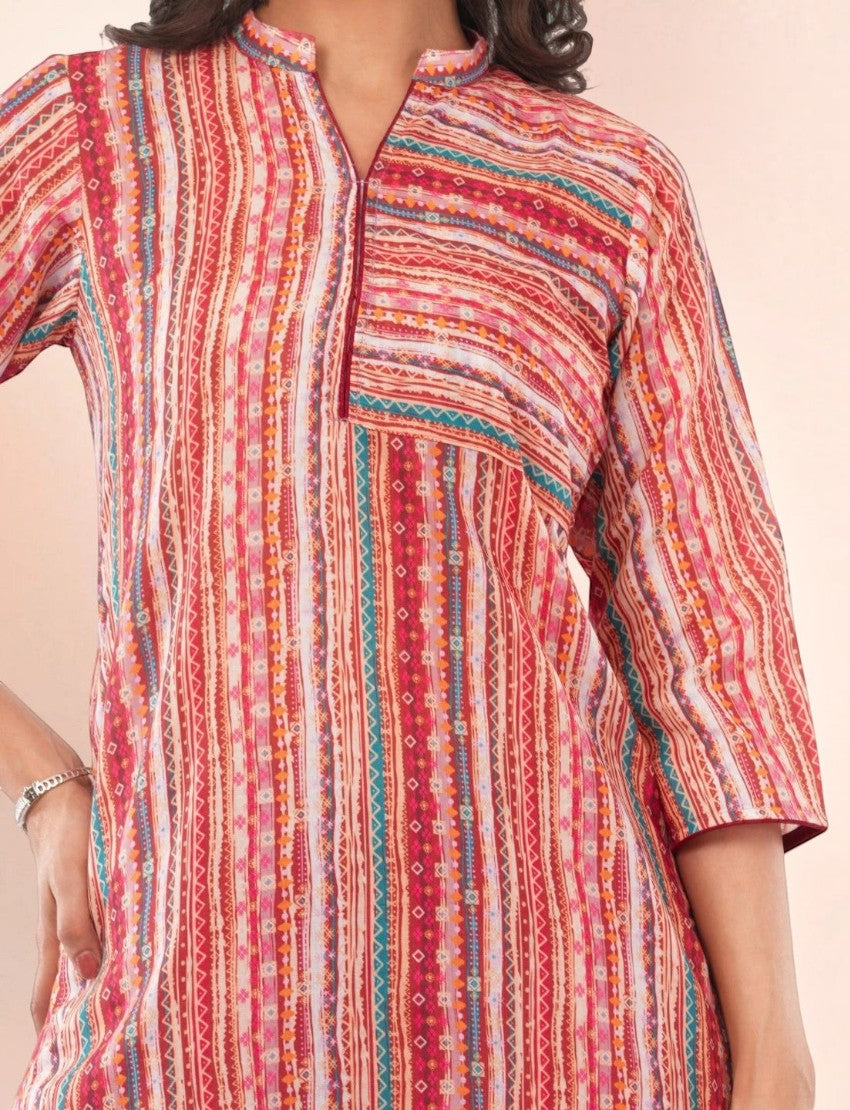 Eelika red cotton straight kurta with mandarin collar, three-quarter sleeves, and vertical ethnic print patterns