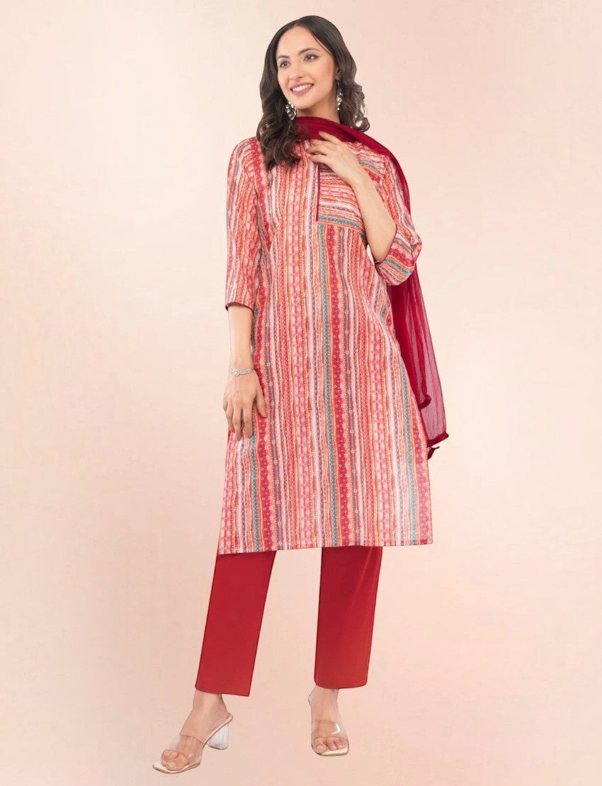 Eelika red printed cotton straight salwar suit set with mandarin collar, three-quarter sleeves, and matching dupatta.