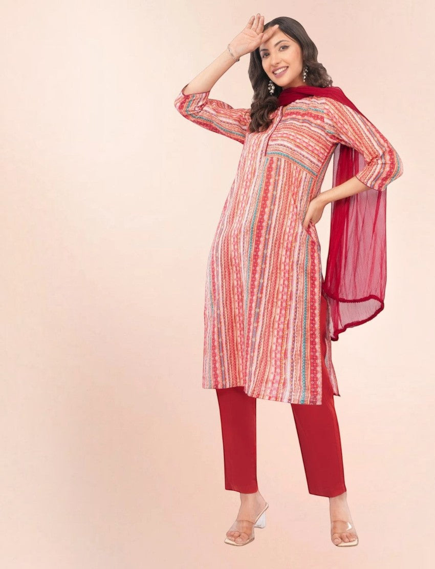 Eelika women red printed cotton straight salwar suit set with mandarin collar, three-quarter sleeves, and dupatta