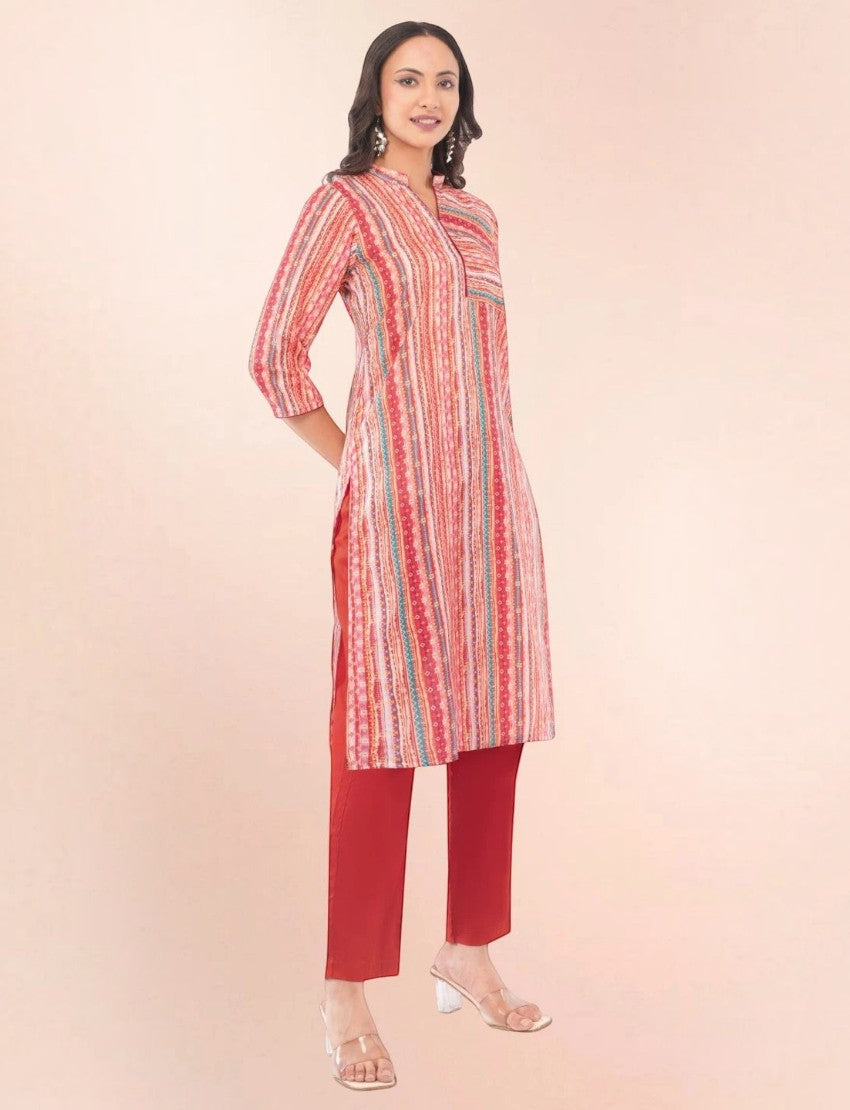Eelika red printed cotton straight kurta with trousers and dupatta, featuring a mandarin collar and 3/4 sleeves.