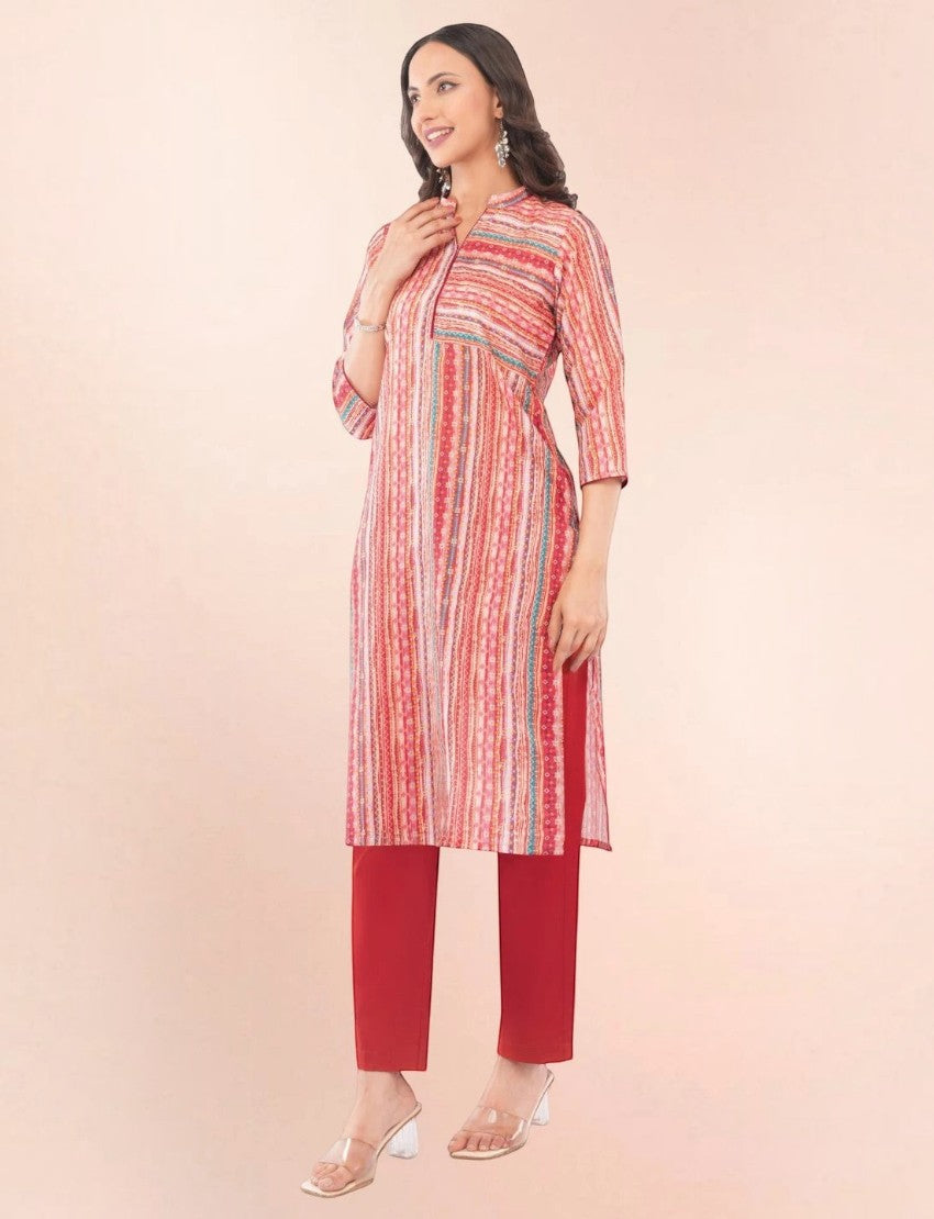 Eelika red printed cotton straight salwar suit set with mandarin collar and three-quarter sleeves on a model