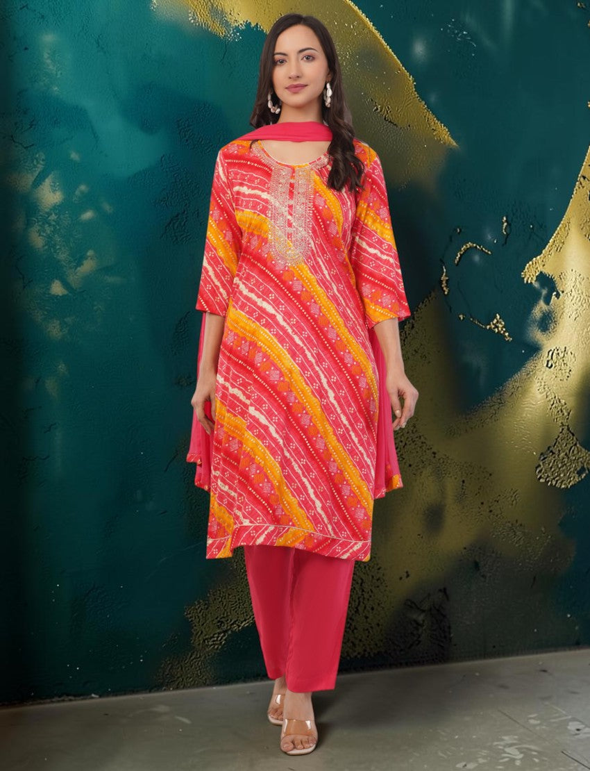Eelika women's red and yellow cotton Bandhani print knee-length kurta set with 3/4 sleeves, trousers, and dupatta.