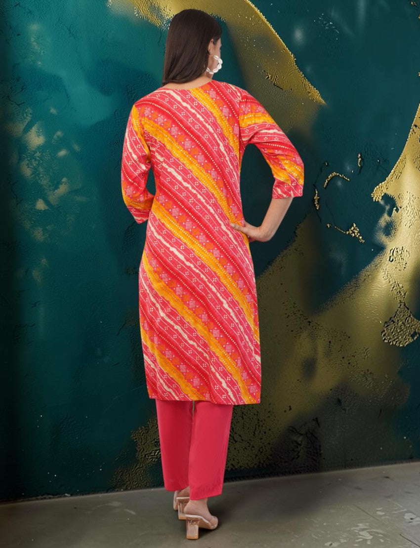 Eelika red and yellow cotton Bandhani print kurta with 3/4 sleeves and matching trousers, back view