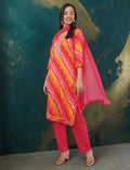 Eelika red and yellow cotton Bandhani print kurta set with 3/4 sleeves, matching trousers, and a pink dupatta