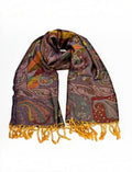 Eelika silk and pashmina stole featuring a multicoloured paisley pattern and vibrant yellow tassels on a white background