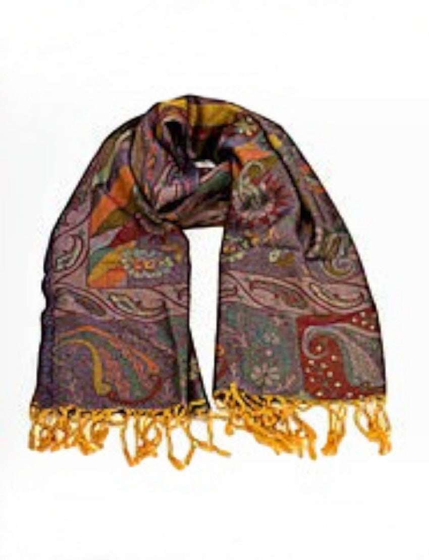 Eelika silk and pashmina stole featuring a multicoloured paisley pattern and vibrant yellow tassels on a white background