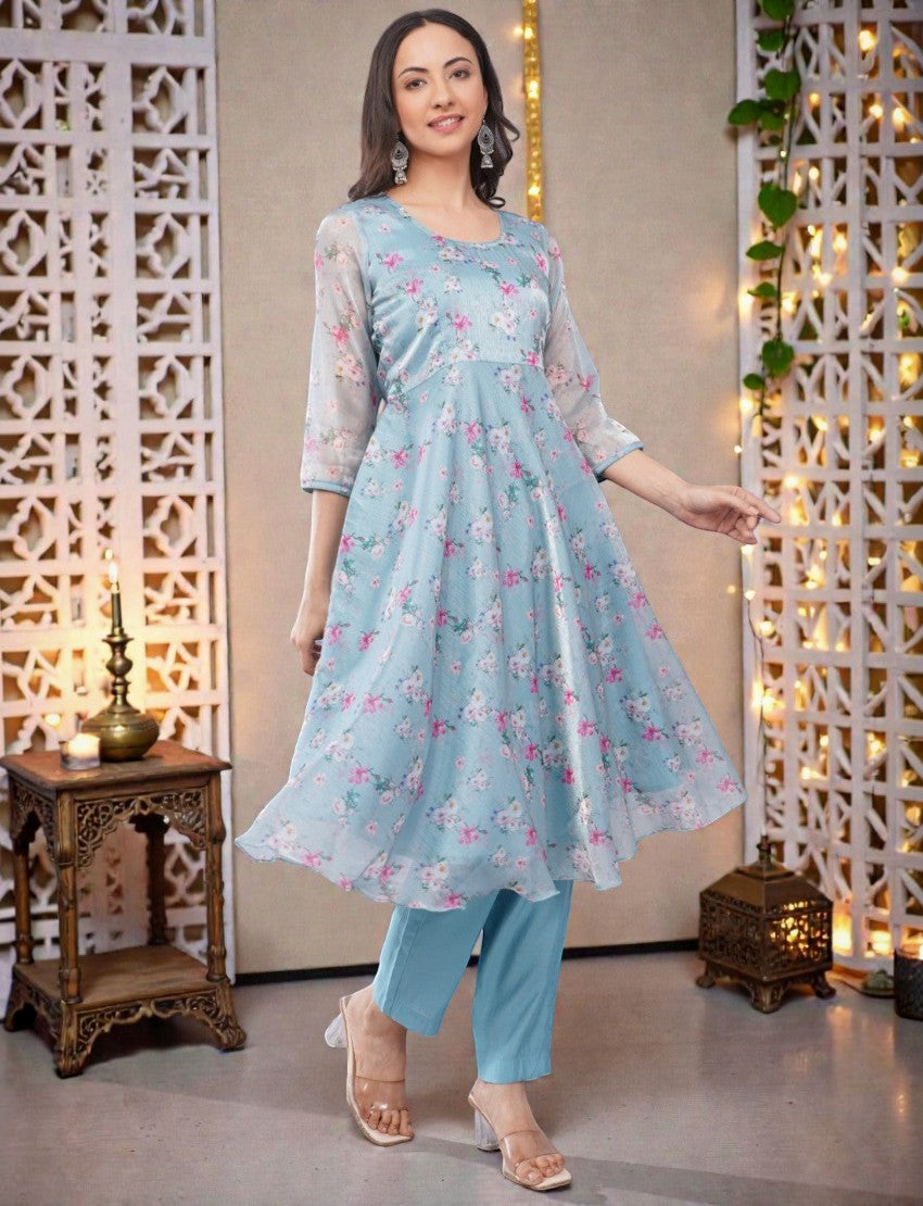 Eelika sky blue floral organza Anarkali kurta with 3/4 sleeves and matching cotton trousers for women