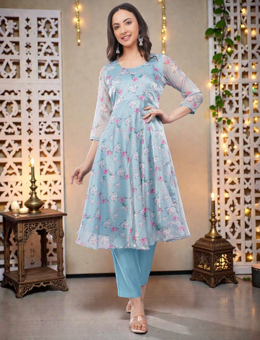 Eelika sky blue floral organza Anarkali kurta with 3/4 sleeves and matching cotton trousers for women
