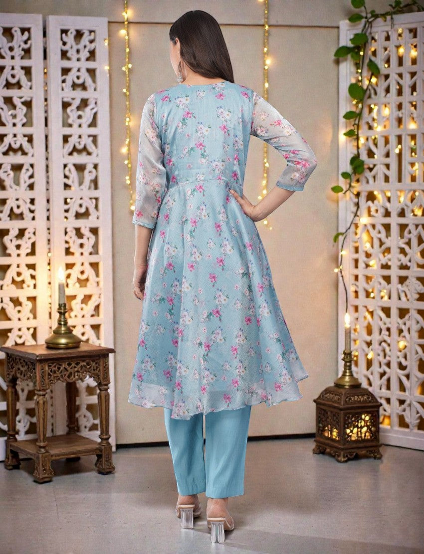 Eelika sky blue floral organza Anarkali kurta with 3/4 sleeves and cotton trousers, back view