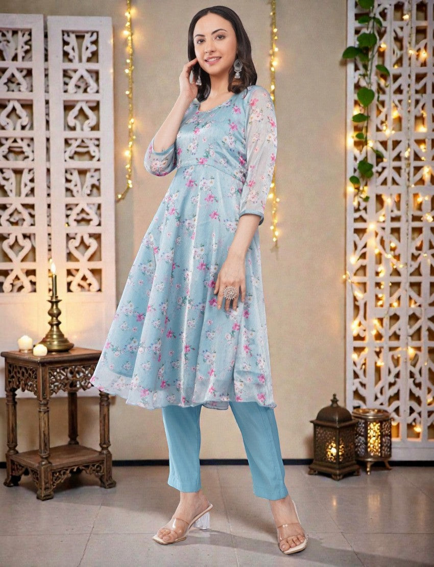 Eelika sky blue floral organza Anarkali kurta with 3/4 sleeves and matching cotton trousers on a model
