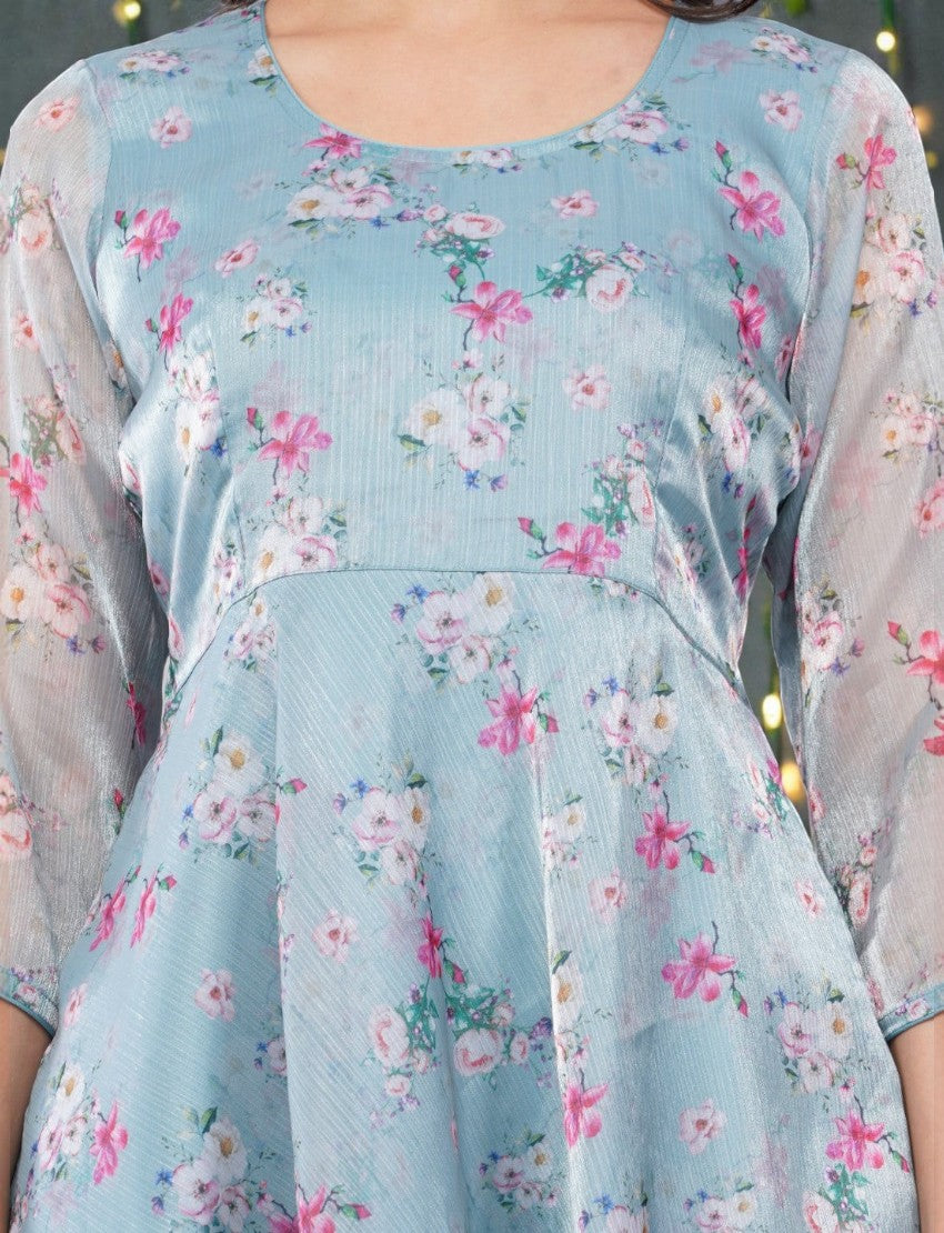 Eelika sky blue floral printed organza Anarkali kurta with round neck and 3/4th sleeves