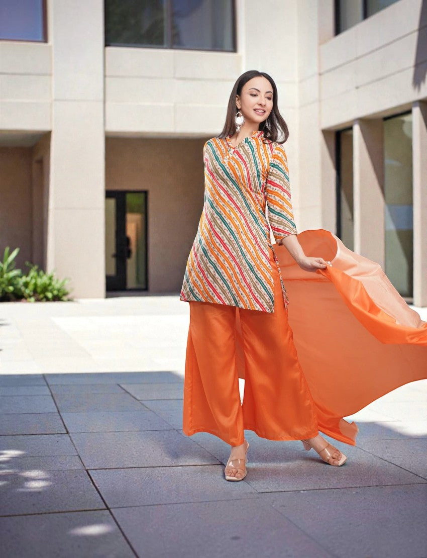 Eelika multicolour striped crepe kurta with orange georgette palazzo and dupatta worn by a model outdoors