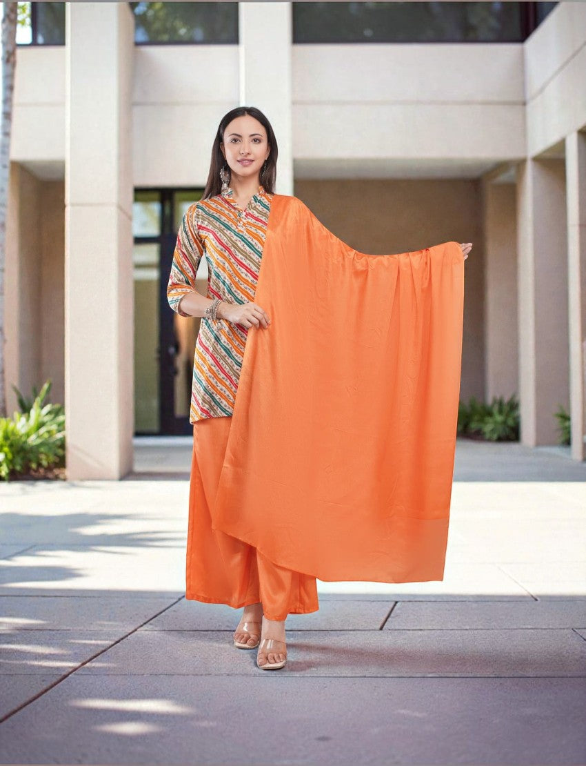 Eelika multicolour striped crepe kurta with orange georgette palazzo and matching dupatta worn by a model