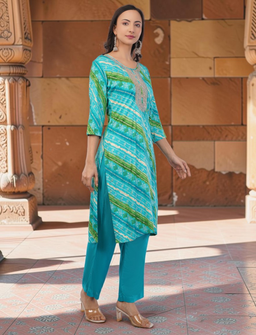 Eelika turquoise and green cotton Bandhani print salwar suit with embellished round neck and 3/4th sleeves