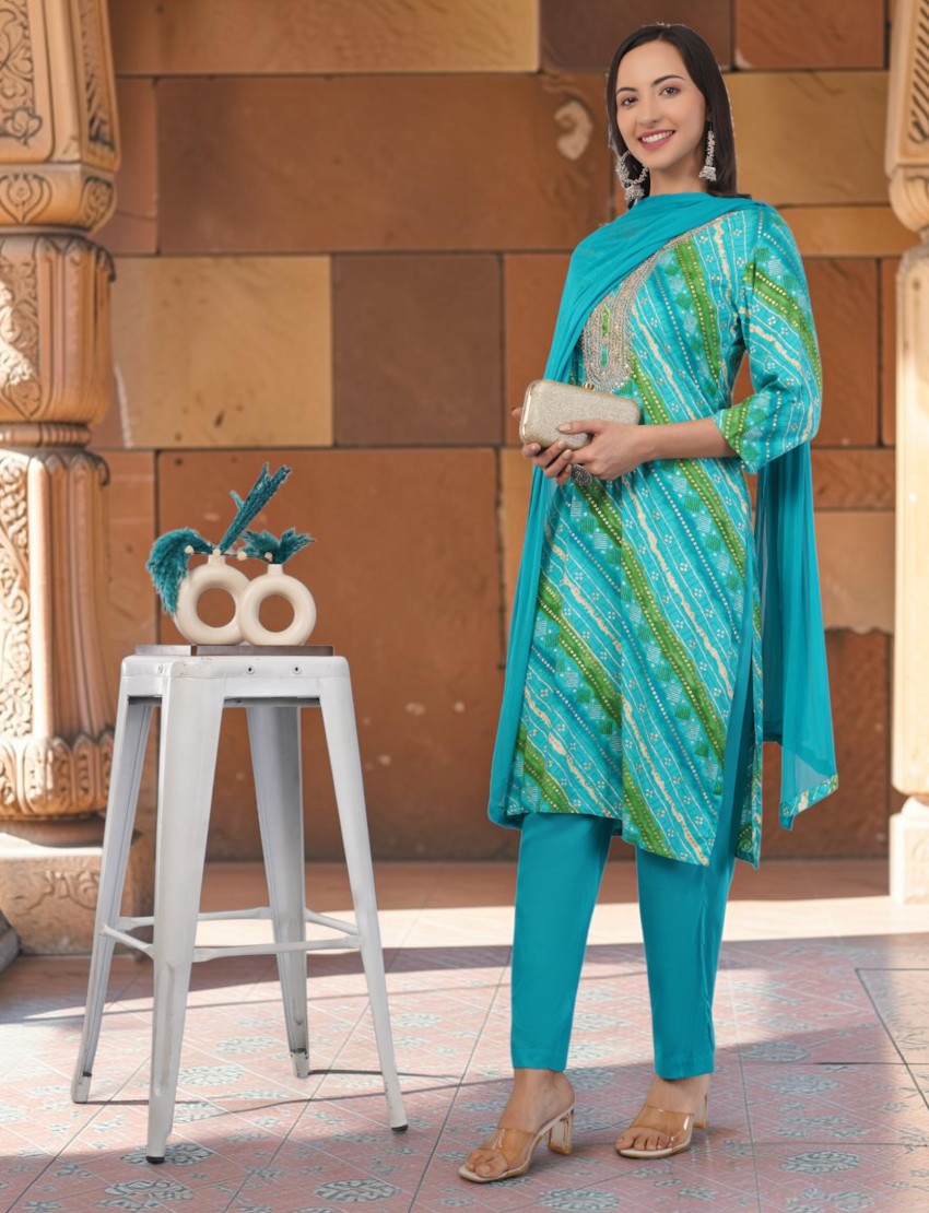 Eelika turquoise and green cotton Bandhani print salwar suit with embellished neck and matching dupatta