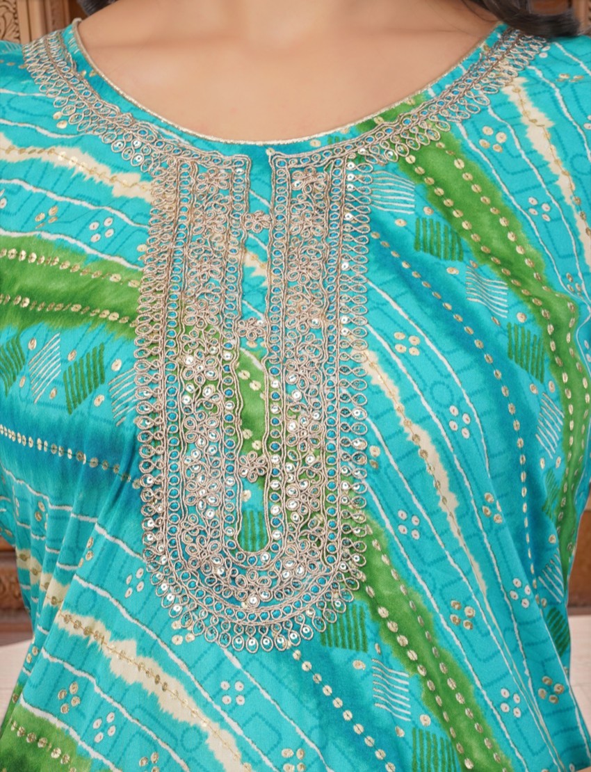 Eelika turquoise and green cotton salwar suit featuring a traditional Bandhani print and an embellished round neck