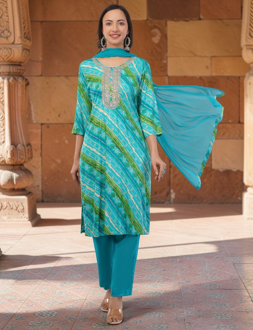 Eelika turquoise and green cotton Bandhani print salwar suit with embellished round neck and matching dupatta