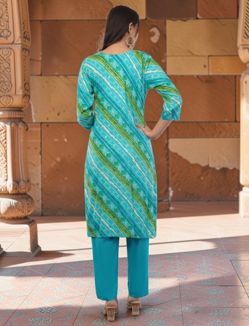 Back view of an Eelika turquoise and green cotton Bandhani print salwar suit with 3/4th sleeves and trousers