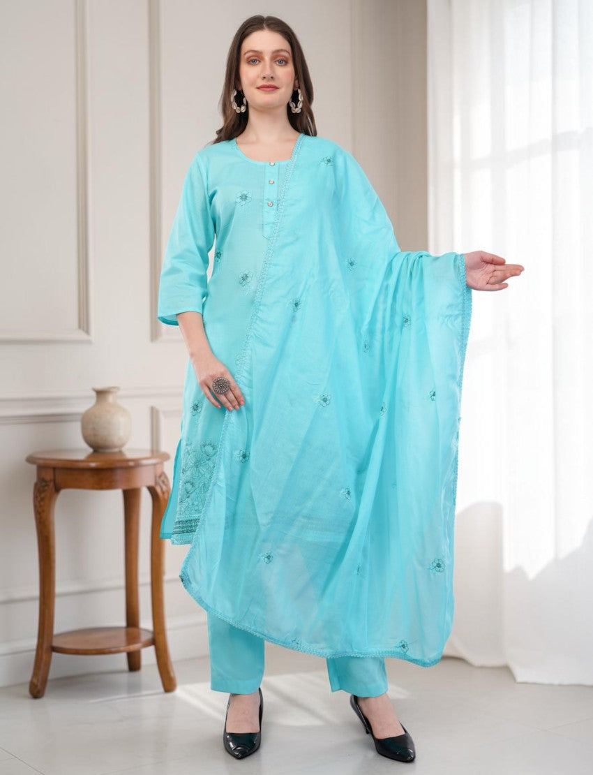 Eelika turquoise cotton salwar suit set with 3/4 sleeves, round neck, embroidered details, and matching dupatta