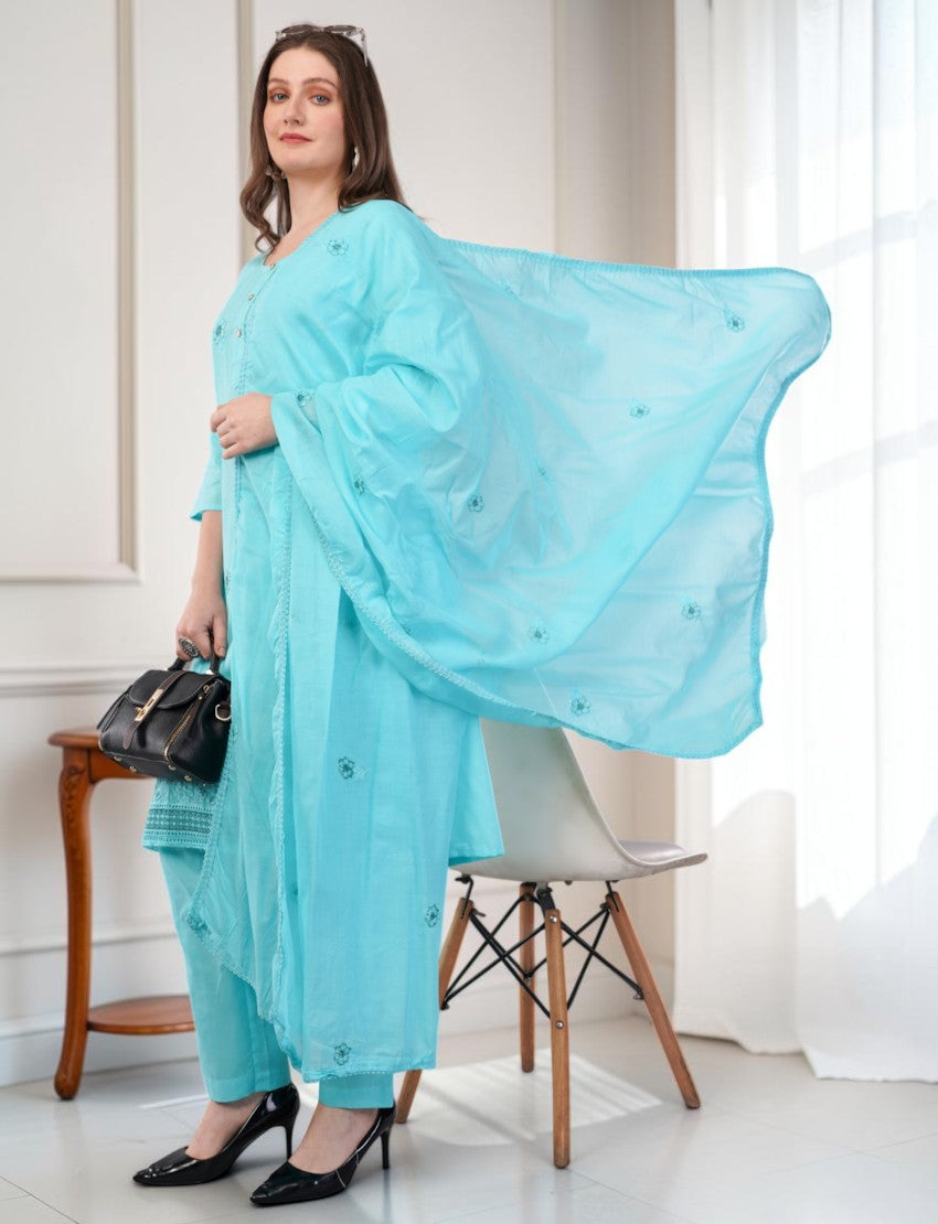 Eelika turquoise cotton salwar suit set featuring 3/4th sleeves, round neck, and matching dupatta on a model