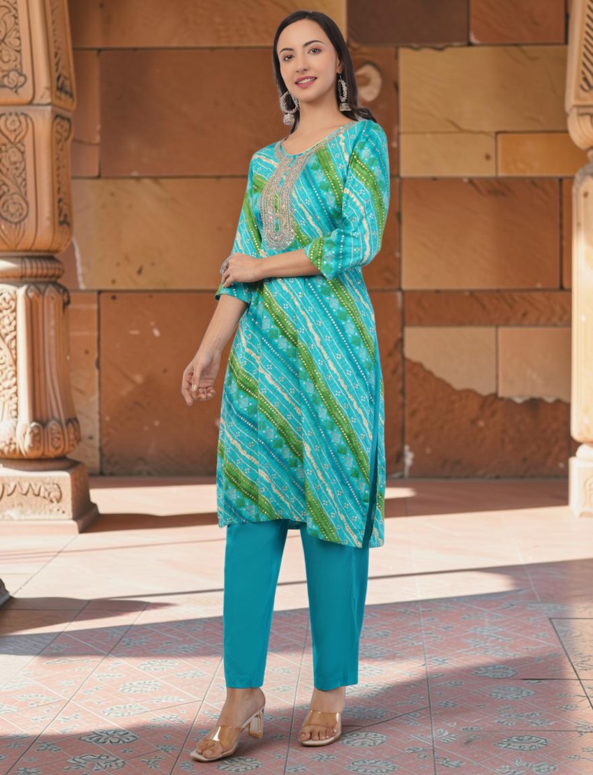 Eelika turquoise and green cotton Bandhani print salwar suit with embellished round neck and 3/4th sleeves