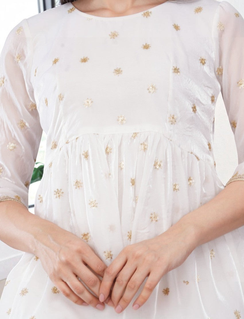 Eelika white chiffon kurta featuring delicate gold embroidery and 3/4th sleeves in a calf-length silhouette