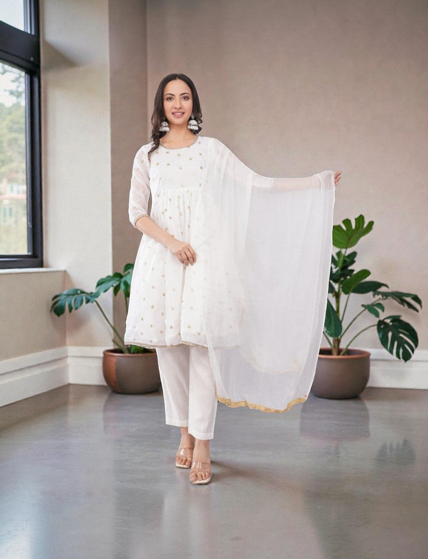 Eelika white chiffon salwar suit set with gold embroidery, calf-length kurta, 3/4 sleeves, and matching dupatta
